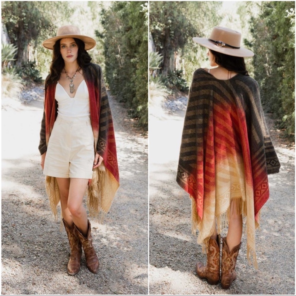 Cozy Stripes Western Style Tassel Poncho Shawl One Size